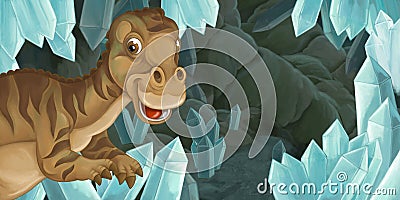 Cartoon scene of cave with big crystals and dinosaur maiasaura Cartoon Illustration