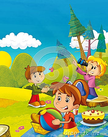 cartoon scene with children having fun in the mountains Cartoon Illustration