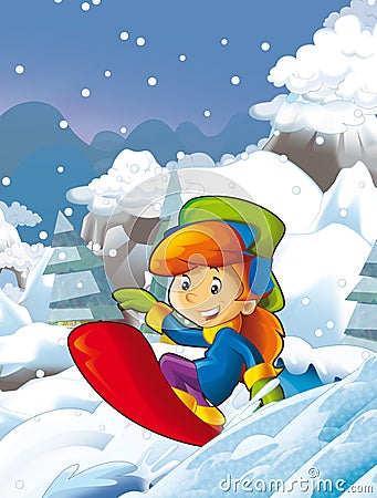 Cartoon scene with children having fun in the mountains Cartoon Illustration