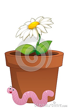 Cartoon scene clay pot for flowers with worm Cartoon Illustration