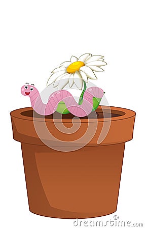 Cartoon scene clay pot for flowers with worm Cartoon Illustration