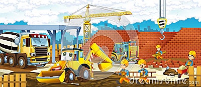 Cartoon scene of a construction site with different heavy machines and working men Cartoon Illustration