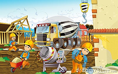 Cartoon scene of a construction site with different heavy machines and working men Cartoon Illustration