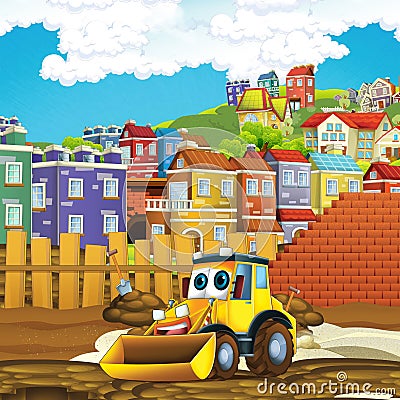 Cartoon scene of construction site with excavator digger for different usage illustration for children Cartoon Illustration