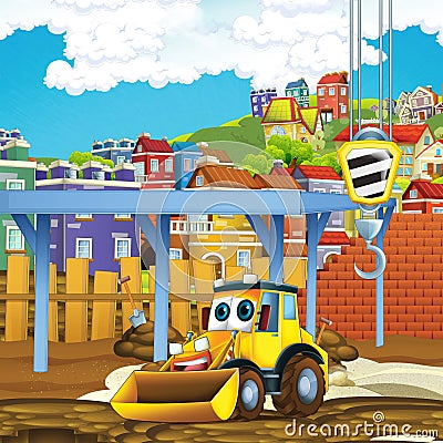 Cartoon scene of construction site with excavator digger for different usage illustration for children Cartoon Illustration