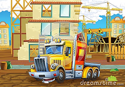 Cartoon scene of a construction site with heavy truck Cartoon Illustration