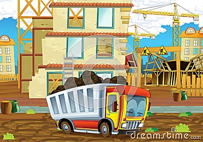 Cartoon scene of a construction site with heavy truck loader - illustration for children Cartoon Illustration