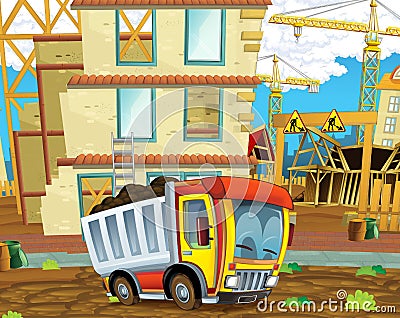 Cartoon scene of a construction site with heavy truck loader - illustration for children Cartoon Illustration