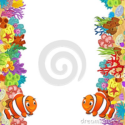 cartoon scene with coral reef and happy fishes swimming near isolated illustration for children Cartoon Illustration
