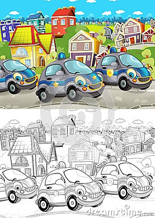 Cartoon scene with different cars driving on the city street like everyday and duty cars with artistic coloring page Cartoon Illustration