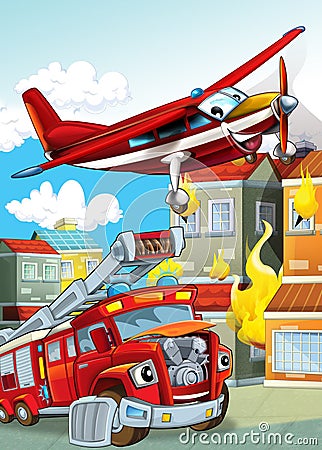 Cartoon scene with different fire fighter machines helicopter and fire brigade truck illustration Cartoon Illustration