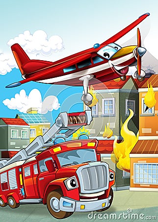 Cartoon scene with different fire fighter machines helicopter and fire brigade truck illustration Cartoon Illustration
