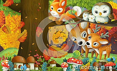 Cartoon scene forest animals friends having fun Cartoon Illustration