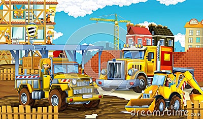 Cartoon scene with different happy construction site vehicles Cartoon Illustration