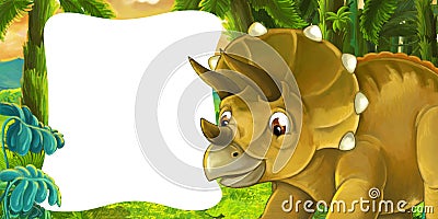 Cartoon scene with dinosaur triceratops smiling and looking with frame Cartoon Illustration