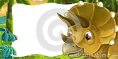 Cartoon scene with dinosaur triceratops smiling and looking with frame Cartoon Illustration