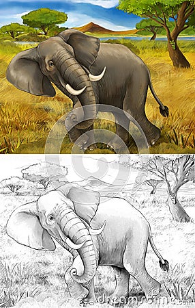 Cartoon scene with elephant traveling through the meadow safari Cartoon Illustration