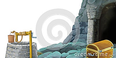 Cartoon scene with entrance to old mine with tools on white background Cartoon Illustration