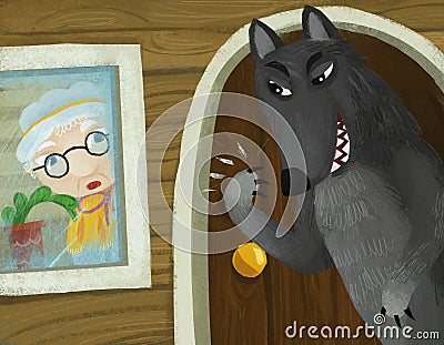 Cartoon scene with evil wolf spying in wooden house Cartoon Illustration