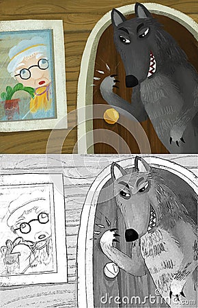 Cartoon scene with evil wolf spying in wooden house Cartoon Illustration