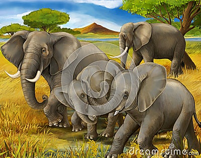 Cartoon scene with family of elephants safari Cartoon Illustration