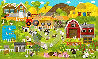 Cartoon scene with farm village and buildings like map - illustration Cartoon Illustration