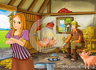 Cartoon scene with farmer rancher in the barn pigsty with his guest Cartoon Illustration