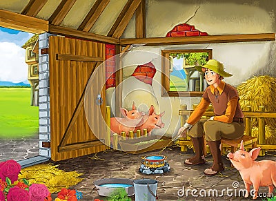 Cartoon scene with farmer rancher in the barn pigsty with his guest Cartoon Illustration