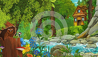 Cartoon scene farmer rancher near the stream and wooden farm illustration Cartoon Illustration