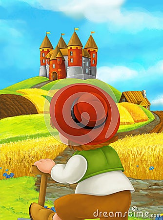 Cartoon scene farmer working in the field standing near the castle Cartoon Illustration