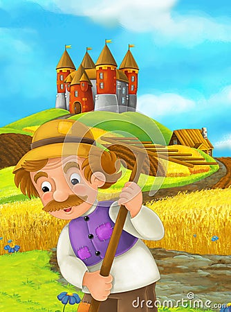 Cartoon scene farmer working in the field standing near the castle Cartoon Illustration