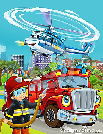 Cartoon scene with fireman car brigade fireman boy and police helicopter illustration for children kid Cartoon Illustration