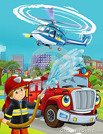 Cartoon scene with fireman vehicle on the road driving through the city and fireman standing near by - illustration Cartoon Illustration