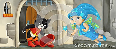 Cartoon scene with flying little fairy and cat welcoming in front of castle gate Cartoon Illustration