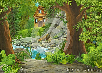 Cartoon scene in the forest nature with nobody on the stage - illustration for children Cartoon Illustration