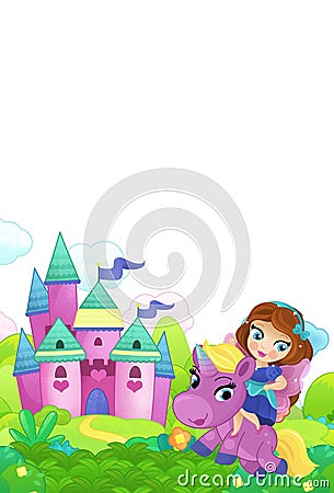 cartoon scene forest with pony horse and fairy princess flying castle isolated illustration for children Cartoon Illustration