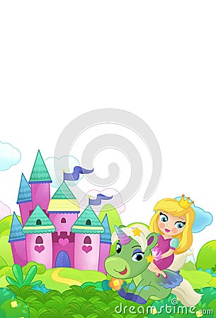 cartoon scene forest with pony horse and fairy princess flying castle isolated illustration for children Cartoon Illustration