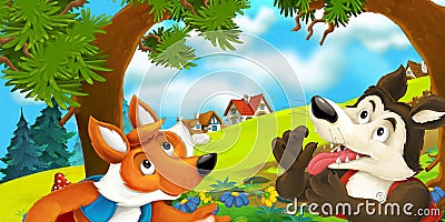 cartoon scene of a fox and a wolf planning to do something near the village Cartoon Illustration