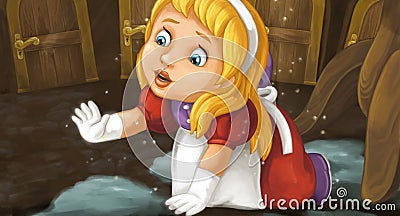 Cartoon scene with girl in wet clothes in the wet room Cartoon Illustration