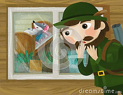 Cartoon good hunter forester near wooden house Cartoon Illustration