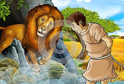 Cartoon scene with greek or roman warrior or philosopher fighting nemean lion Cartoon Illustration