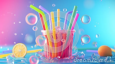 Cartoon scene A group of colorful straws huddling around a tiny cup of lemonade each one determined to be the first to Stock Photo