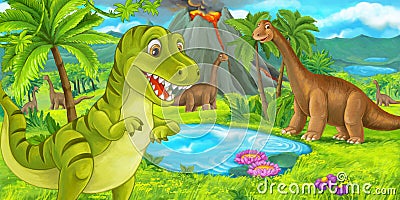 Cartoon scene with happy dinosaur tyrannosaurus rex near erupting volcano and diplodocus Cartoon Illustration