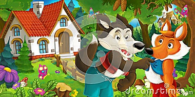 Cartoon scene with happy and funny sheep running jumping near farm house and wolf is looking at fox in the forest Cartoon Illustration