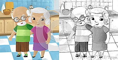 cartoon scene with happy loving family grandmother grandma grandfather grandpa husband wife in the kitchen illustration for kids Cartoon Illustration