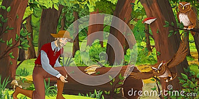 Cartoon scene with happy man farmer in the forest encountering pair of owls flying Cartoon Illustration
