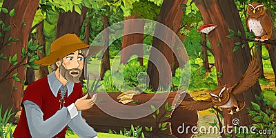 Cartoon scene with happy man farmer in the forest encountering pair of owls flying Cartoon Illustration