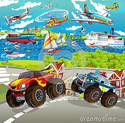 Cartoon scene with happy police monster truck - ships and planes in the background Cartoon Illustration