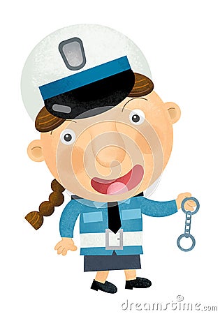 Cartoon scene with happy policeman on duty talking to radio on white background - illustration Cartoon Illustration