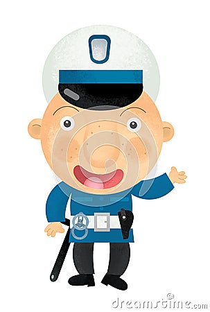 Cartoon scene with happy policeman on duty talking to radio on white background - illustration Cartoon Illustration